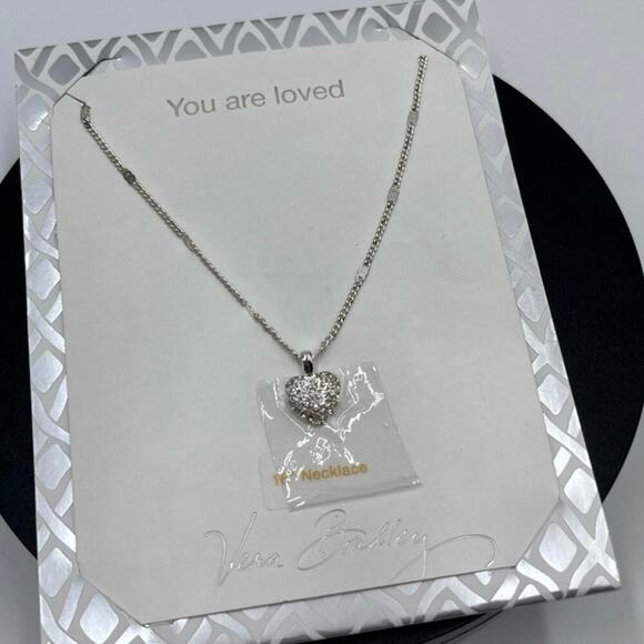 Vera Bradley You Are Loved Silver Tone Pave Rhinestone Heart Necklace New - Picture 1 of 9